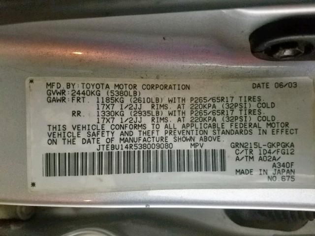 JTEBU14R538009080 - 2003 TOYOTA 4RUNNER SR SILVER photo 10