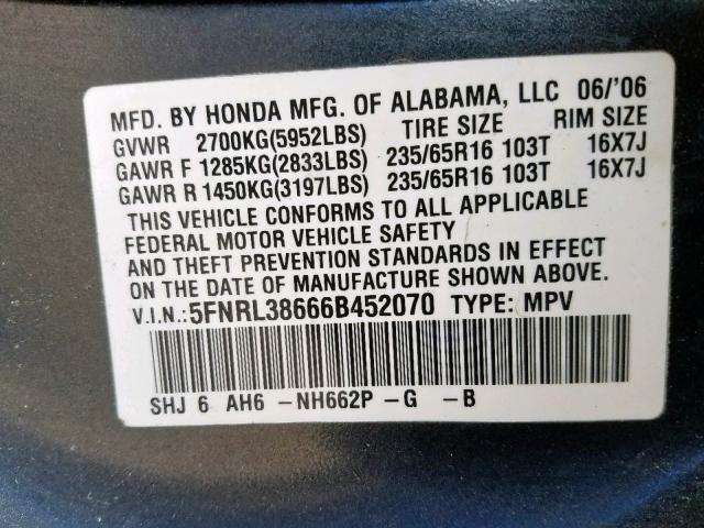 5FNRL38666B452070 - 2006 HONDA ODYSSEY EX GRAY photo 10