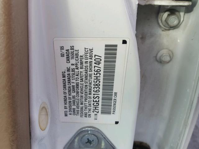 2HGES16385H567407 - 2005 HONDA CIVIC DX V WHITE photo 10