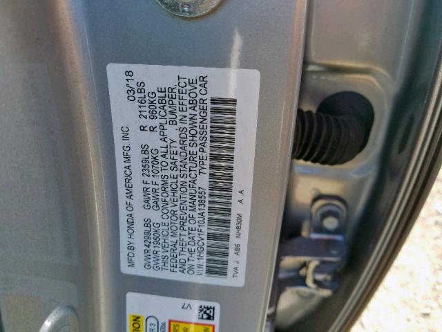 1HGCV1F10JA138557 - 2018 HONDA ACCORD LX SILVER photo 10