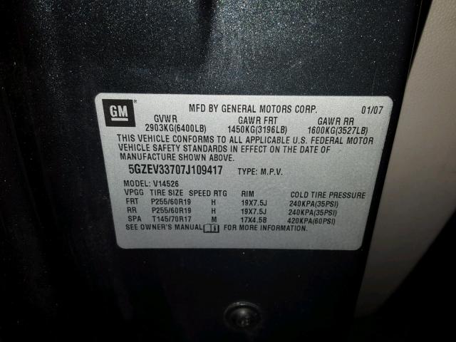 5GZEV33707J109417 - 2007 SATURN OUTLOOK SP გრაფიტი ფოტო 10