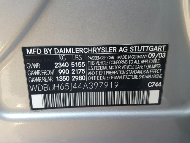 WDBUH65J44A397919 - 2004 MERCEDES-BENZ E 320 SILVER photo 10