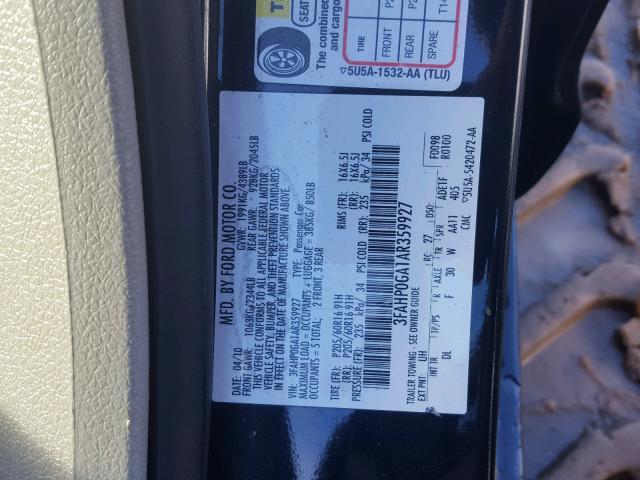 3FAHP0GA1AR359927 - 2010 FORD FUSION S BLACK photo 10