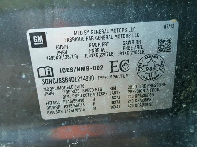 3GNCJSSB4DL214980 - 2013 CHEVROLET TRAX LTZ GRAY photo 10