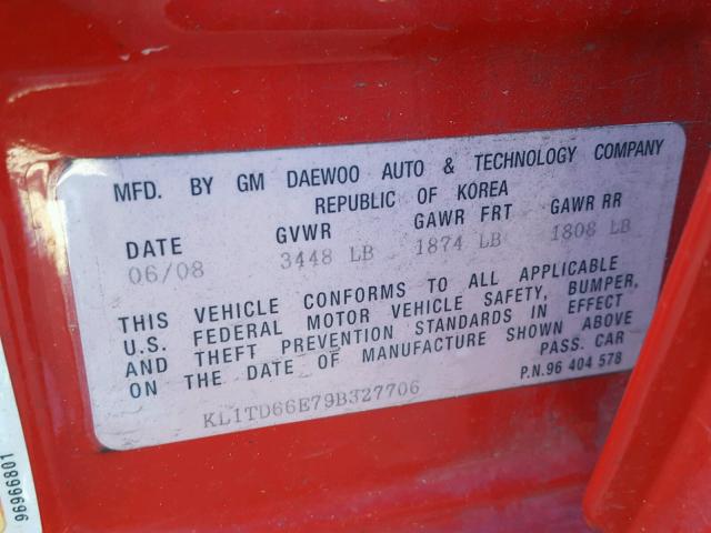 KL1TD66E79B327706 - 2009 CHEVROLET AVEO LS RED photo 10