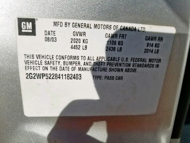 2G2WP522841182403 - 2004 PONTIAC GRAND PRIX SILVER photo 10