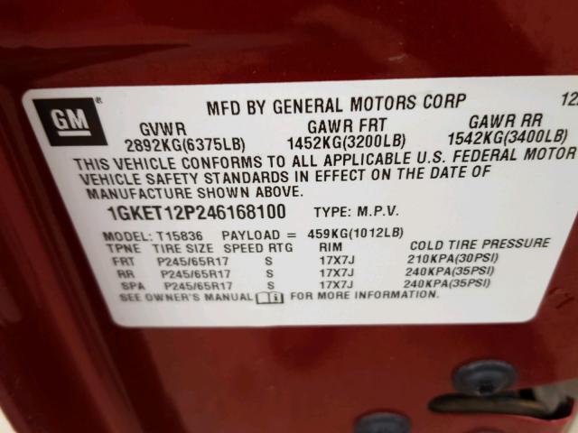 1GKET12P246168100 - 2004 GMC ENVOY XUV MAROON photo 10