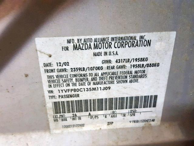 1YVFP80C135M11309 - 2003 MAZDA 6 I SILVER photo 10