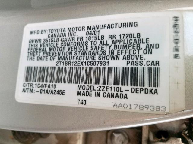 2T1BR12EX1C507931 - 2001 TOYOTA COROLLA CE SILVER photo 10