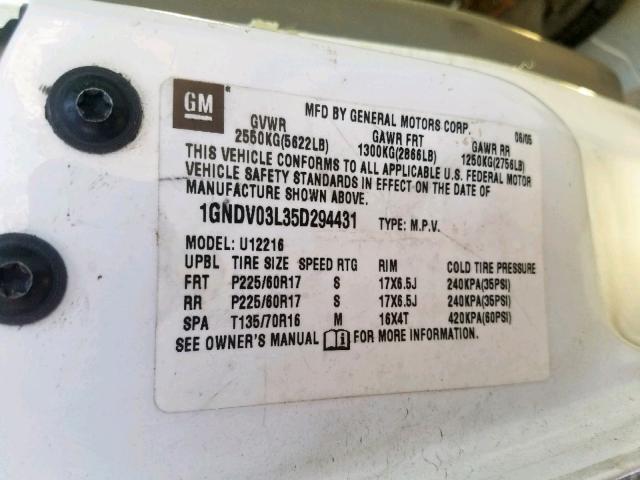 1GNDV03L35D294431 - 2005 CHEVROLET UPLANDER WHITE photo 10