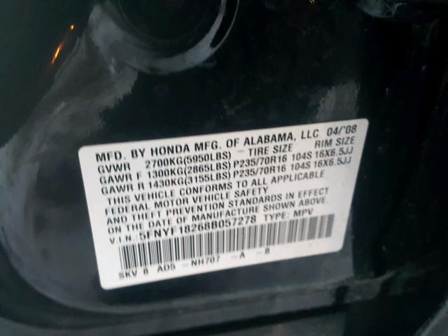 5FNYF18268B057278 - 2008 HONDA PILOT VP BLACK photo 10