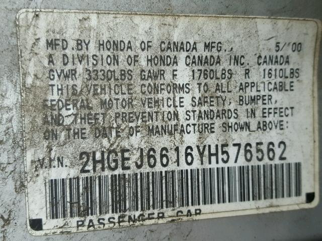2HGEJ6616YH576562 - 2000 HONDA CIVIC BASE SILVER photo 10