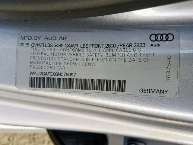 WAU2GAFCXGN075097 - 2016 AUDI A7 PRESTIG SILVER photo 10