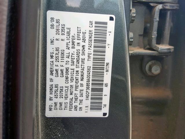 1HGCP36859A004562 - 2009 HONDA ACCORD EXL GRAY photo 10