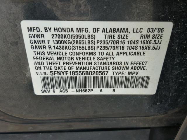 5FNYF18556B020567 - 2006 HONDA PILOT EX BLUE photo 10