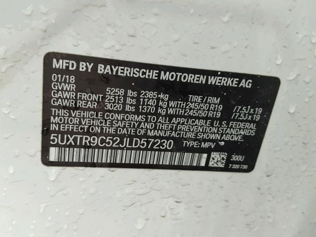 5UXTR9C52JLD57230 - 2018 BMW X3 XDRIVEM WHITE photo 10