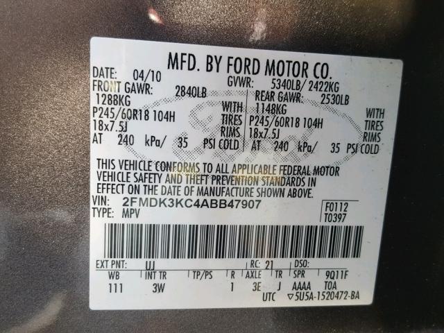 2FMDK3KC4ABB47907 - 2010 FORD EDGE LIMIT GRAY photo 10