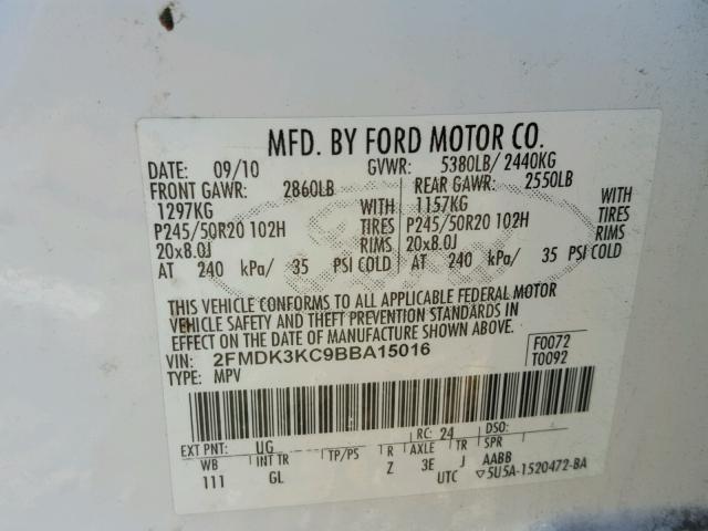 2FMDK3KC9BBA15016 - 2011 FORD EDGE LIMIT WHITE photo 10