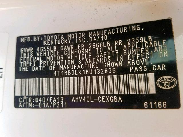 4T1BB3EK1BU132836 - 2011 TOYOTA CAMRY HYBR WHITE photo 10