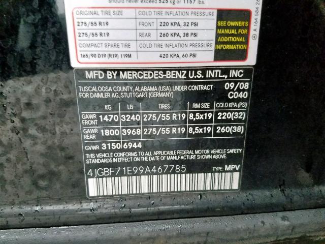 4JGBF71E99A467785 - 2009 MERCEDES-BENZ GL 450 4MA BLACK photo 10