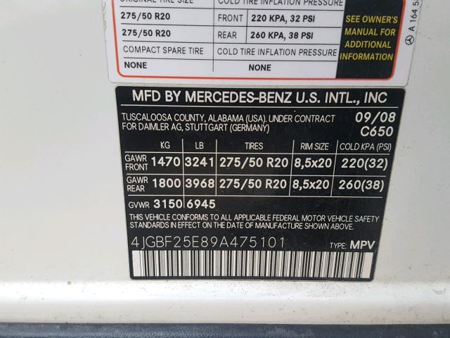 4JGBF25E89A475101 - 2009 MERCEDES-BENZ GL CREAM photo 10