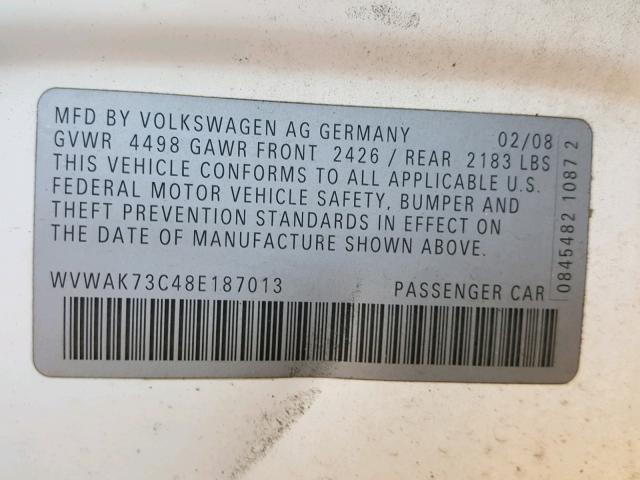 WVWAK73C48E187013 - 2008 VOLKSWAGEN PASSAT KOM WHITE photo 10