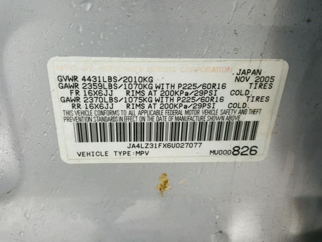 JA4LZ31FX6U027077 - 2006 MITSUBISHI OUTLANDER SILVER photo 10