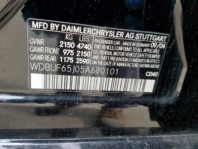 WDBUF65J05A680101 - 2005 MERCEDES-BENZ E 320 BLACK photo 10