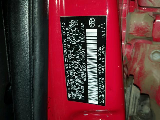 JTDKDTB36D1535081 - 2013 TOYOTA PRIUS C RED photo 10