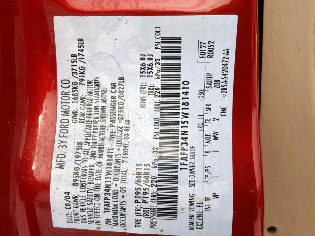 1FAFP34N15W181410 - 2005 FORD FOCUS ZX4 RED photo 10
