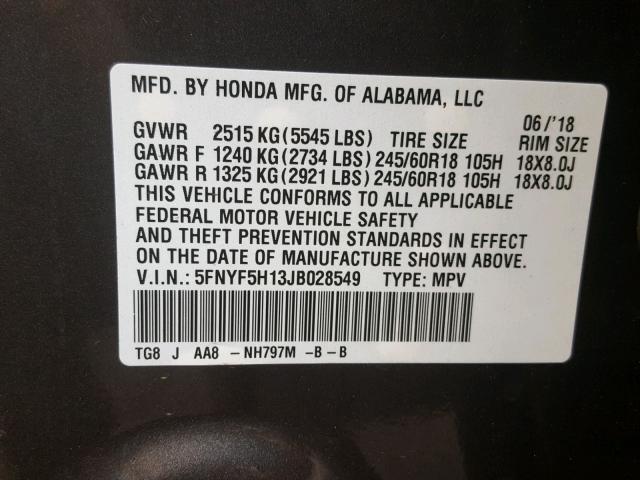 5FNYF5H13JB028549 - 2018 HONDA PILOT LX CHARCOAL photo 10