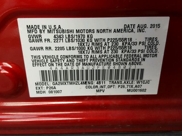 4A4AR3AU2FE048021 - 2015 MITSUBISHI OUTLANDER RED photo 10