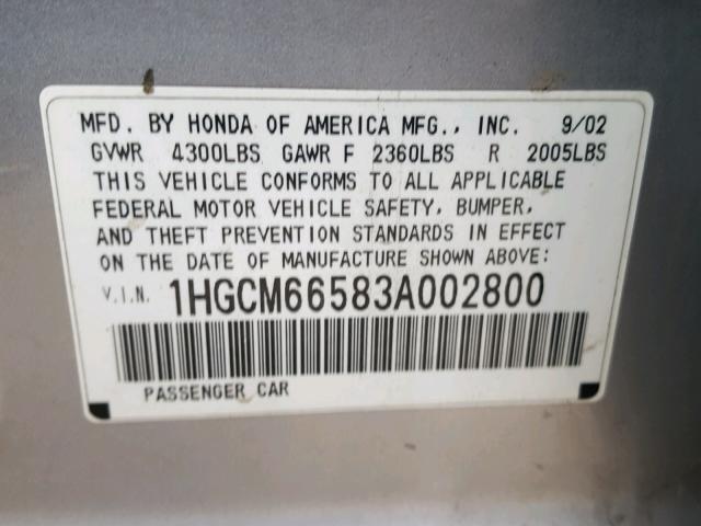 1HGCM66583A002800 - 2003 HONDA ACCORD SILVER photo 10