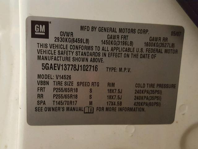 5GAEV13778J102716 - 2008 BUICK ENCLAVE CX WHITE photo 10