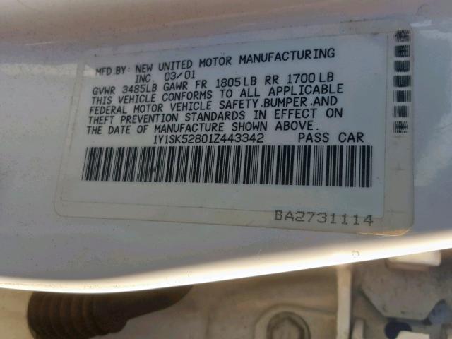 1Y1SK52801Z443342 - 2001 CHEVROLET GEO PRIZM 白色 照片 10