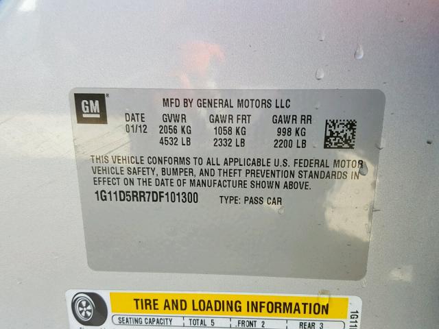 1G11D5RR7DF101300 - 2013 CHEVROLET MALIBU 1LT SILVER photo 10