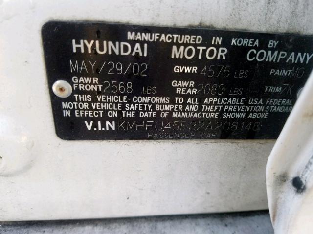 KMHFU45E32A208148 - 2002 HYUNDAI XG 350 WHITE photo 10