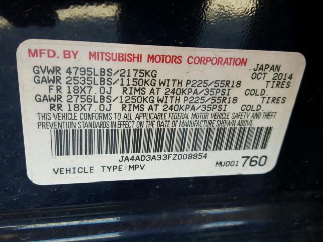 JA4AD3A33FZ008854 - 2015 MITSUBISHI OUTLANDER BLUE photo 10