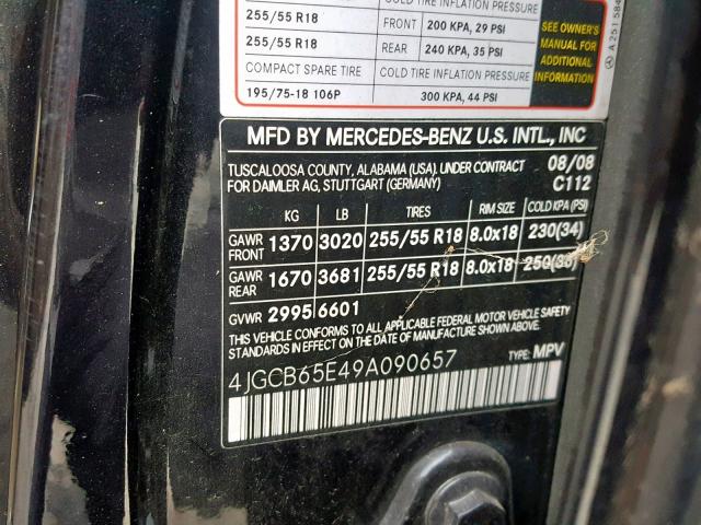 4JGCB65E49A090657 - 2009 MERCEDES-BENZ R 350 4MAT BLACK photo 10