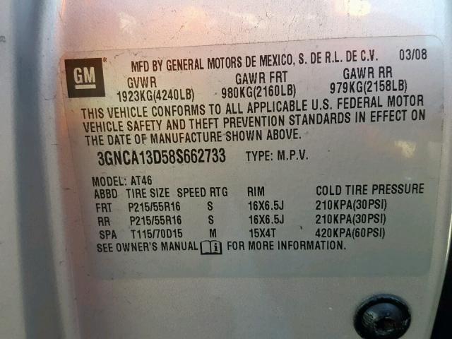 3GNCA13D58S662733 - 2008 CHEVROLET HHR LS SILVER photo 10