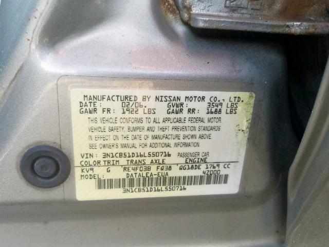 3N1CB51D16L550716 - 2006 NISSAN SENTRA 1.8 GRAY photo 10