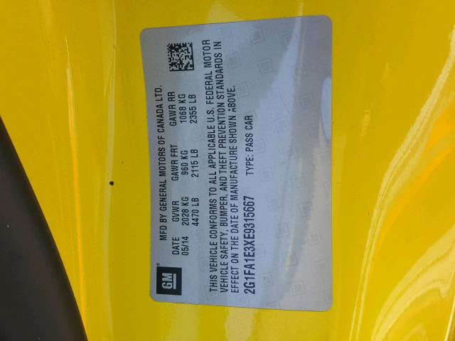 2G1FA1E3XE9315667 - 2014 CHEVROLET CAMARO LS YELLOW photo 10