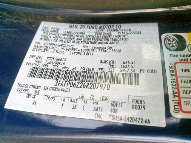 3FAFP06Z26R207970 - 2006 FORD FUSION S BLUE photo 10