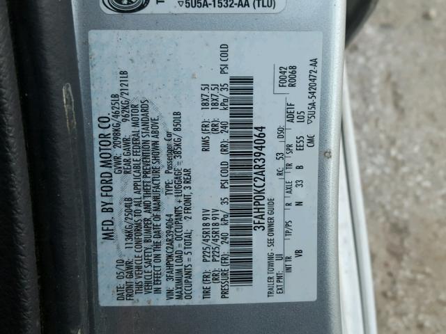 3FAHP0KC2AR394064 - 2010 FORD FUSION SPO SILVER photo 10