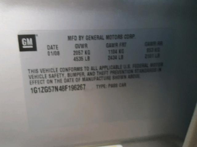 1G1ZG57N48F196267 - 2008 CHEVROLET MALIBU LS 银色 照片 10