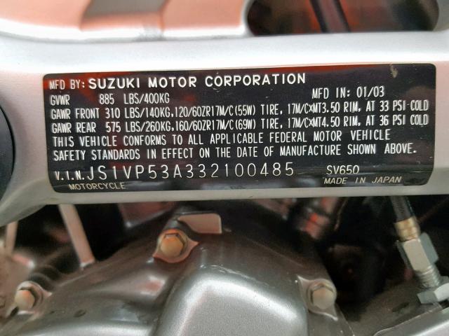 JS1VP53A332100485 - 2003 SUZUKI SV650 SILVER photo 10