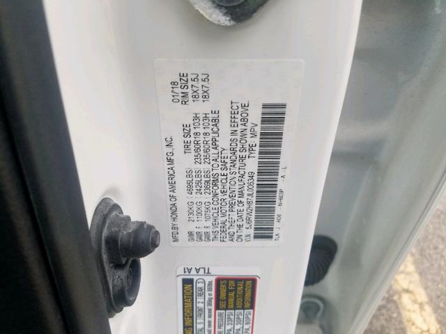 5J6RW2H87JL006349 - 2018 HONDA CR-V EXL WHITE photo 10