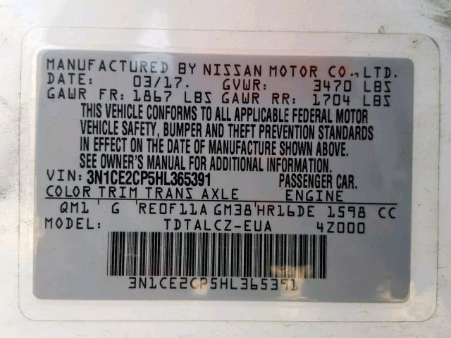 3N1CE2CP5HL365391 - 2017 NISSAN VERSA NOTE WHITE photo 10