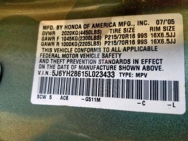 5J6YH28615L023433 - 2005 HONDA ELEMENT EX GREEN photo 10