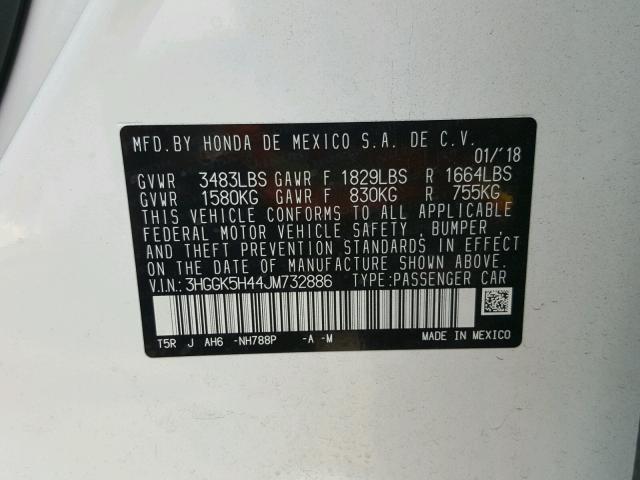 3HGGK5H44JM732886 - 2018 HONDA FIT LX WHITE photo 10